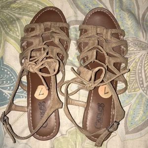 Tan strappy lace up sandals small wedge heel